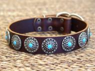 dog collar, handcrafted leather dog collar. For Large Breeds With Silver Plated Circles and With Blue Stones