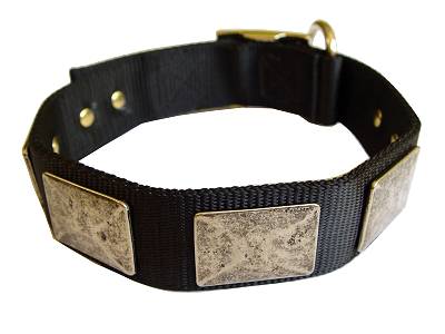 Handcrafted Nylon Dog Collar For Large and Medium Breeds With Vintage Massive Plates 
