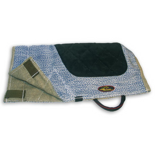 Matching french linen sleeve cover with handle and bite area made of leather