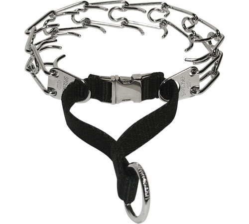 This pinch collar is very easy and fast to put on and off the dog using quick release buckle future