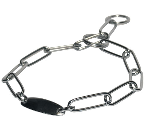 Fur Saver Dog Collar Steel Chromium Plated Width 3  MM With Plate (long links,1 welded ring, 1 split ring + plate)