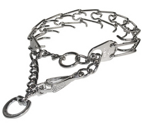 Dog pinch collar with swivel and small quick release snap hook made in Germany