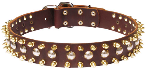 3 Rows Leather Spiked and Studded Dog Collar 