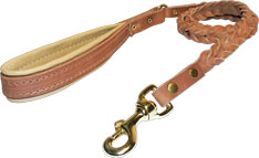 Braided leather dog leash with solid brass snap hook (not nickel, not bronze)