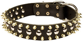 S57 - 3 Rows Leather Dog Collar with Nickel Studs and Brass Spikes