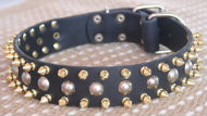 S57 - 3 Rows Leather Dog Collar with Nickel Studs and Brass Spikes