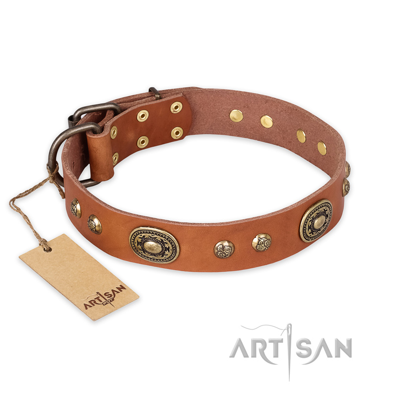 'Stunning Dress' FDT Artisan Tan Leather Dog Collar with Old Bronze Look Plates and Studs - 1 1/2 inch (40 mm) wide