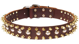 S57 - 3 Rows Leather Dog Collar with Nickel Studs and Brass Spikes_1 S57 - 3 Rows Leather Dog Collar with Nickel Studs and Brass Spikes_1