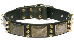 Gorgeous War Dog Leather Dog Collar - C87 (old nickel massive plates +3 brass spikes) Gorgeous War Dog Leather Dog Collar - C87 (old nickel massive plates +3 brass spikes)