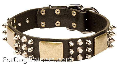 Wide Spiked  Dog Leather Collar with Massive Plates and Cones