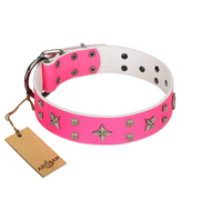"Stars in Pink Dreams" Modern FDT Artisan Pink Leather Dog Collar with Studs and Stars "Stars in Pink Dreams" Modern FDT Artisan Pink Leather Dog Collar with Studs and Stars