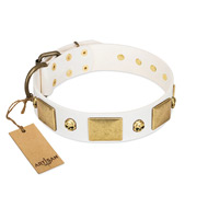 "Inspiration" FDT Artisan White Leather Dog Collar with Antiqued Skulls and Plates "Inspiration" FDT Artisan White Leather Dog Collar with Antiqued Skulls and Plates