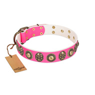 "Two Extremes" FDT Artisan Pink Leather Dog Collar with Elegant Conchos and Medallions with Skulls "Two Extremes" FDT Artisan Pink Leather Dog Collar with Elegant Conchos and Medallions with Skulls