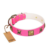 "Wild and Free" FDT Artisan Pink Leather Dog Collar with Skulls and Crossbones Combined with Squares "Wild and Free" FDT Artisan Pink Leather Dog Collar with Skulls and Crossbones Combined with Squares