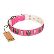 "Perilous Beauty" Pink FDT Artisan Leather Dog Collar with Small Plates and Skulls "Perilous Beauty" Pink FDT Artisan Leather Dog Collar with Small Plates and Skulls