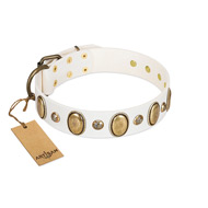 "Milky Lagoon" FDT Artisan White Leather Collar with Vintage Looking Oval and Round Adornments "Milky Lagoon" FDT Artisan White Leather Collar with Vintage Looking Oval and Round Adornments