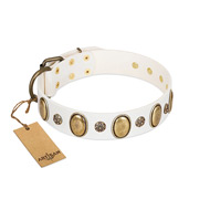 "Nifty Doodad" FDT Artisan White Leather Dog Collar with Amazing Large Ovals and Small Studs "Nifty Doodad" FDT Artisan White Leather Dog Collar with Amazing Large Ovals and Small Studs