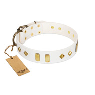 "Hella Cool" FDT Artisan White Leather Dog Collar Adorned with Plates and Rhombs "Hella Cool" FDT Artisan White Leather Dog Collar Adorned with Plates and Rhombs