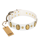 "Pearly Grace" FDT Artisan White Leather Dog Collar with Engraved Ovals and Small Dotted Studs "Pearly Grace" FDT Artisan White Leather Dog Collar with Engraved Ovals and Small Dotted Studs