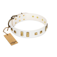 "Wintertide Mood" FDT Artisan White Leather Dog Collar with Old Bronze-like Plates and Studs "Wintertide Mood" FDT Artisan White Leather Dog Collar with Old Bronze-like Plates and Studs