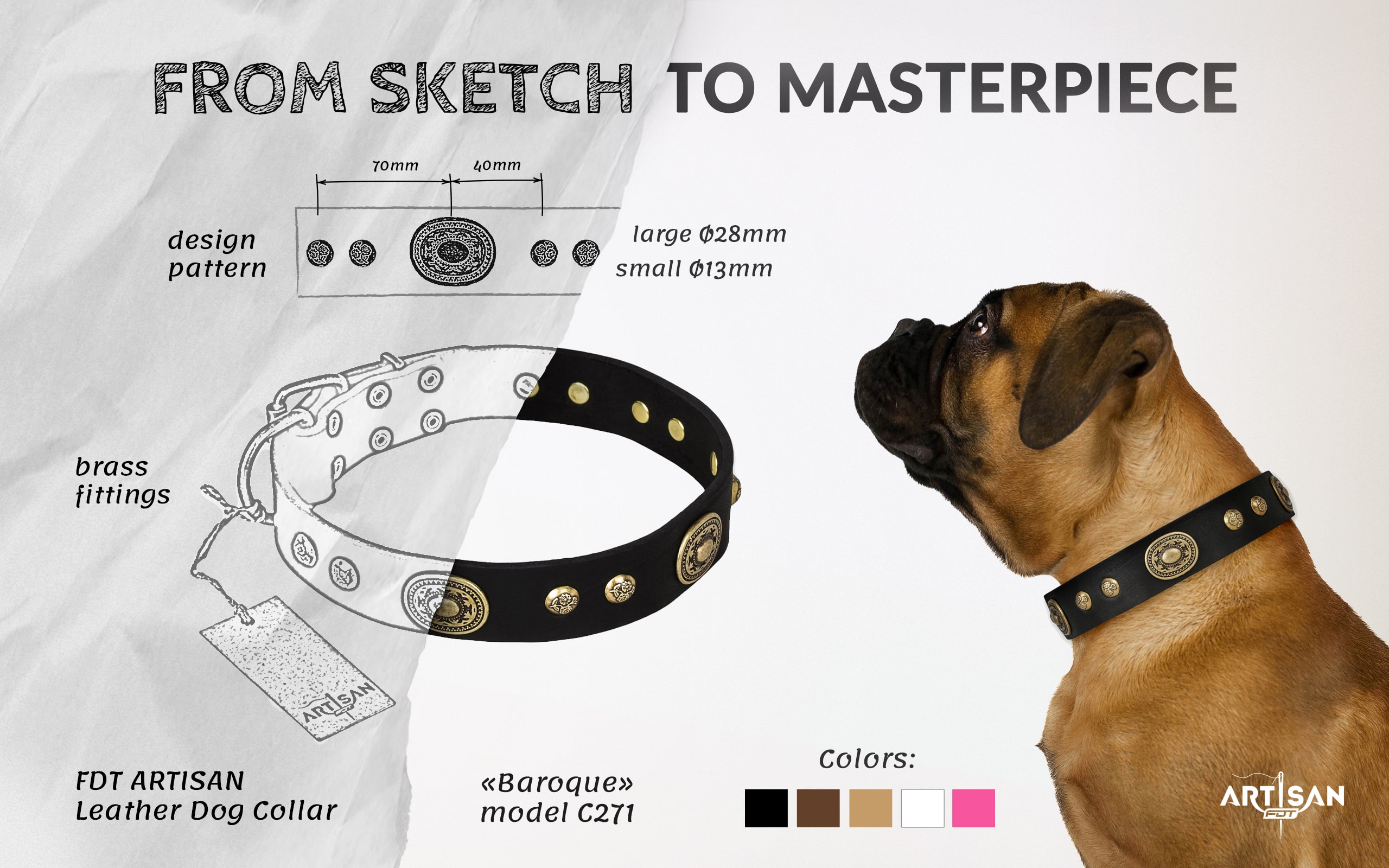 Strong leather dog collar with buckle and D-ring