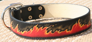 Hand painted by our artists leather dog collar - FLAMES - C79