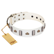 'Mysterious Voyage' FDT Artisan White Leather Dog Collar with Engraved Plates and Skulls 'Mysterious Voyage' FDT Artisan White Leather Dog Collar with Engraved Plates and Skulls