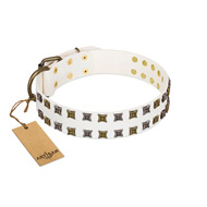 "Ice Peak" FDT Artisan White Leather Dog Collar with Silvery and Goldish Decorations "Ice Peak" FDT Artisan White Leather Dog Collar with Silvery and Goldish Decorations