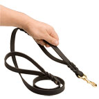 Leather dog leash with extra handle and brass snap hook