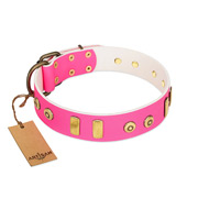 "Prim'N'Proper" Handmade FDT Artisan Pink Leather Dog Collar with Old Bronze-like Dotted Studs and Tiles "Prim'N'Proper" Handmade FDT Artisan Pink Leather Dog Collar with Old Bronze-like Dotted Studs and Tiles