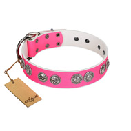 "Periapt of Power" FDT Artisan Pink Leather Dog Collar with Chrome Plated Medallions "Periapt of Power" FDT Artisan Pink Leather Dog Collar with Chrome Plated Medallions