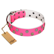 "Lucky Pink" Designer FDT Artisan Pink Leather Dog Collar with Medallions "Lucky Pink" Designer FDT Artisan Pink Leather Dog Collar with Medallions