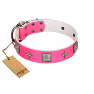 "Star World" Gorgeous FDT Artisan Pink Leather Dog Collar with Silver-Like Adornments "Star World" Gorgeous FDT Artisan Pink Leather Dog Collar with Silver-Like Adornments