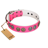 "Pink Butterfly" Designer FDT Artisan Pink Leather Dog Collar with Round Studs "Pink Butterfly" Designer FDT Artisan Pink Leather Dog Collar with Round Studs