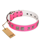 "Pink Wink" Handcrafted FDT Artisan Pink Leather Dog Collar with Plates and Stars "Pink Wink" Handcrafted FDT Artisan Pink Leather Dog Collar with Plates and Stars