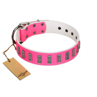 "Pink Necklace" Handmade FDT Artisan Pink Leather Dog Collar with Silver-Like Decorations "Pink Necklace" Handmade FDT Artisan Pink Leather Dog Collar with Silver-Like Decorations