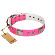"Pinky Fantasy" Pink FDT Artisan Leather Dog Collar with Chrome-plated Stars and Large Plates "Pinky Fantasy" Pink FDT Artisan Leather Dog Collar with Chrome-plated Stars and Large Plates