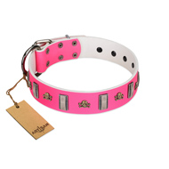 "Sea Dog" Trendy FDT Artisan Pink Leather Dog Collar with Plates and Skulls "Sea Dog" Trendy FDT Artisan Pink Leather Dog Collar with Plates and Skulls