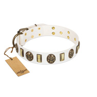"Mystery of Times" FDT Artisan White Leather Dog Collar with Plates and Medallions with Skulls "Mystery of Times" FDT Artisan White Leather Dog Collar with Plates and Medallions with Skulls