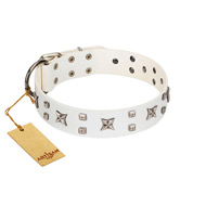 "Star Patrol" FDT Artisan White Leather Dog Collar Adorned with Stars and Studs "Star Patrol" FDT Artisan White Leather Dog Collar Adorned with Stars and Studs