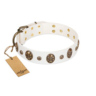 "Magic Bullet" FDT Artisan White Leather Dog Collar with Studs and Skulls "Magic Bullet" FDT Artisan White Leather Dog Collar with Studs and Skulls