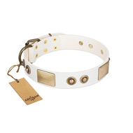 "Noble Impulse" FDT Artisan White Leather Dog Collar Adorned with Antique Plates and Studs "Noble Impulse" FDT Artisan White Leather Dog Collar Adorned with Antique Plates and Studs