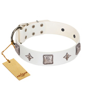 "Vanilla Ice" FDT Artisan Handmade White Leather Dog Collar with Silver-like Adornments "Vanilla Ice" FDT Artisan Handmade White Leather Dog Collar with Silver-like Adornments