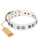 "Ancient Mystery" FDT Artisan Handmade White Leather Dog Collar with Silver-like Fitting "Ancient Mystery" FDT Artisan Handmade White Leather Dog Collar with Silver-like Fitting