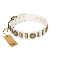 "Bowwow Finery" FDT Artisan White Leather Dog Collar with Gold-Like Embellishments "Bowwow Finery" FDT Artisan White Leather Dog Collar with Gold-Like Embellishments