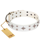 "The Milky Way" FDT Artisan White Leather Dog Collar Adorned with Stars and Tiny Squares "The Milky Way" FDT Artisan White Leather Dog Collar Adorned with Stars and Tiny Squares