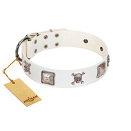"Pirate Sloop" Handmade FDT Artisan Designer White Leather Dog Collar with Crossbones "Pirate Sloop" Handmade FDT Artisan Designer White Leather Dog Collar with Crossbones