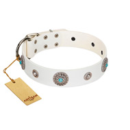 "Lush Life" Designer Handcrafted FDT Artisan White Leather Dog Collar with Blue Stones "Lush Life" Designer Handcrafted FDT Artisan White Leather Dog Collar with Blue Stones