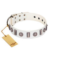"Icy Spike" Designer FDT Artisan White Leather Dog Collar with Silver-Like Decorations "Icy Spike" Designer FDT Artisan White Leather Dog Collar with Silver-Like Decorations