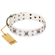 "Skull Island" Premium Quality FDT Artisan White Designer Dog Collar with Crossbones and Studs "Skull Island" Premium Quality FDT Artisan White Designer Dog Collar with Crossbones and Studs